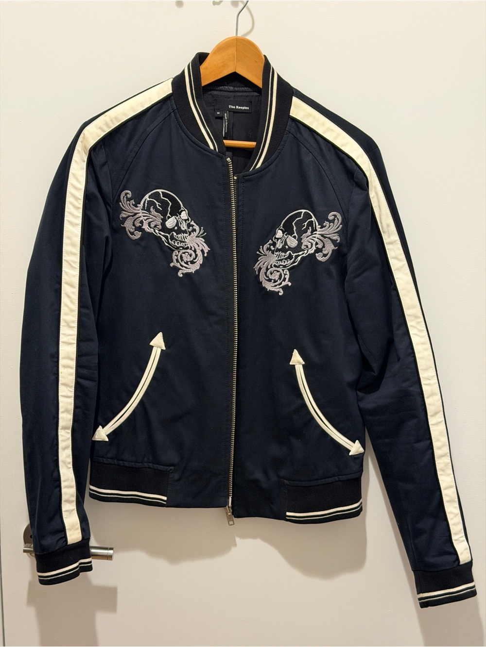 The Kooples Black Bomber Jacket with White Trim and Skull Embroidery